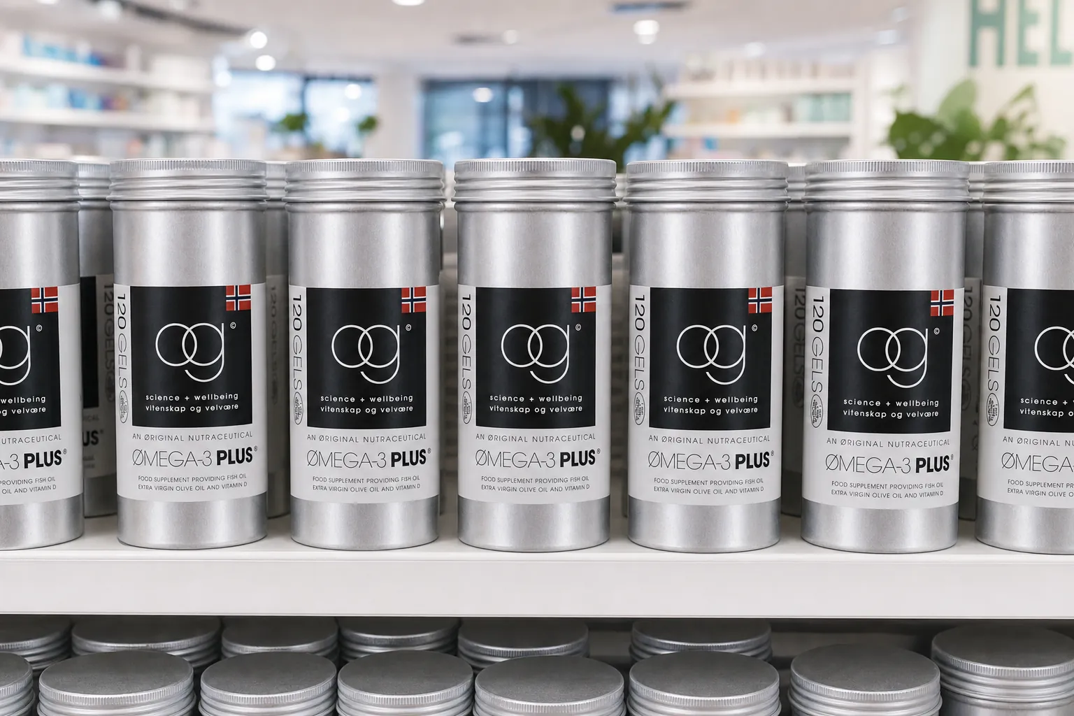 Premium omega-3 supplement bottles on retail pharmacy shelving