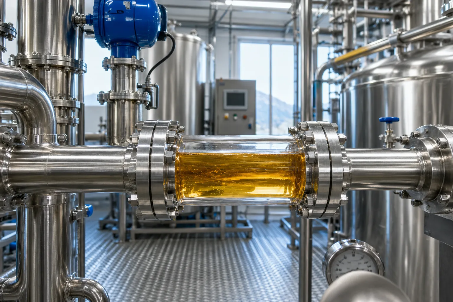 Amber marine oil in an inline sight glass between stainless steel tanks inside a Norwegian refinery