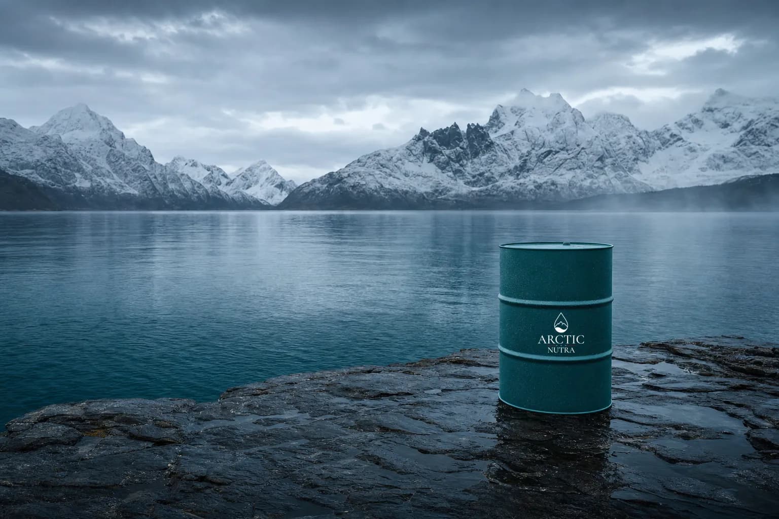Arctic Nutra branded 200L drum on a Norwegian Arctic fjord, the bulk delivery format