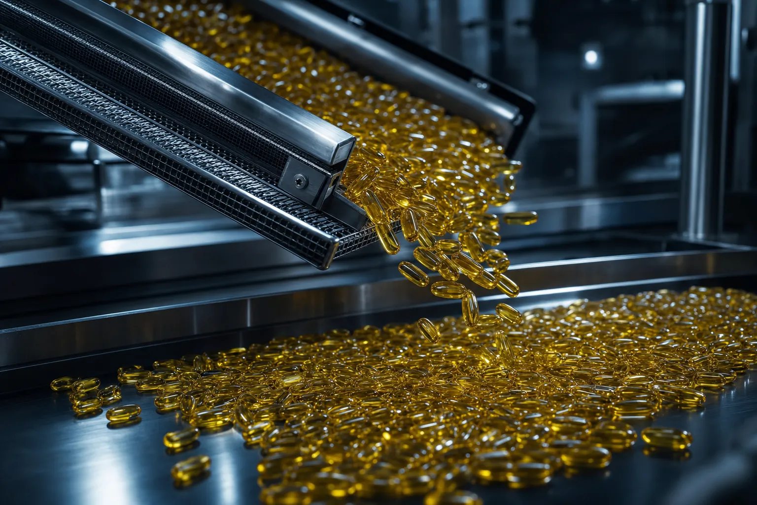 Amber omega-3 softgel capsules cascading from an industrial encapsulation line into a steel collection tray