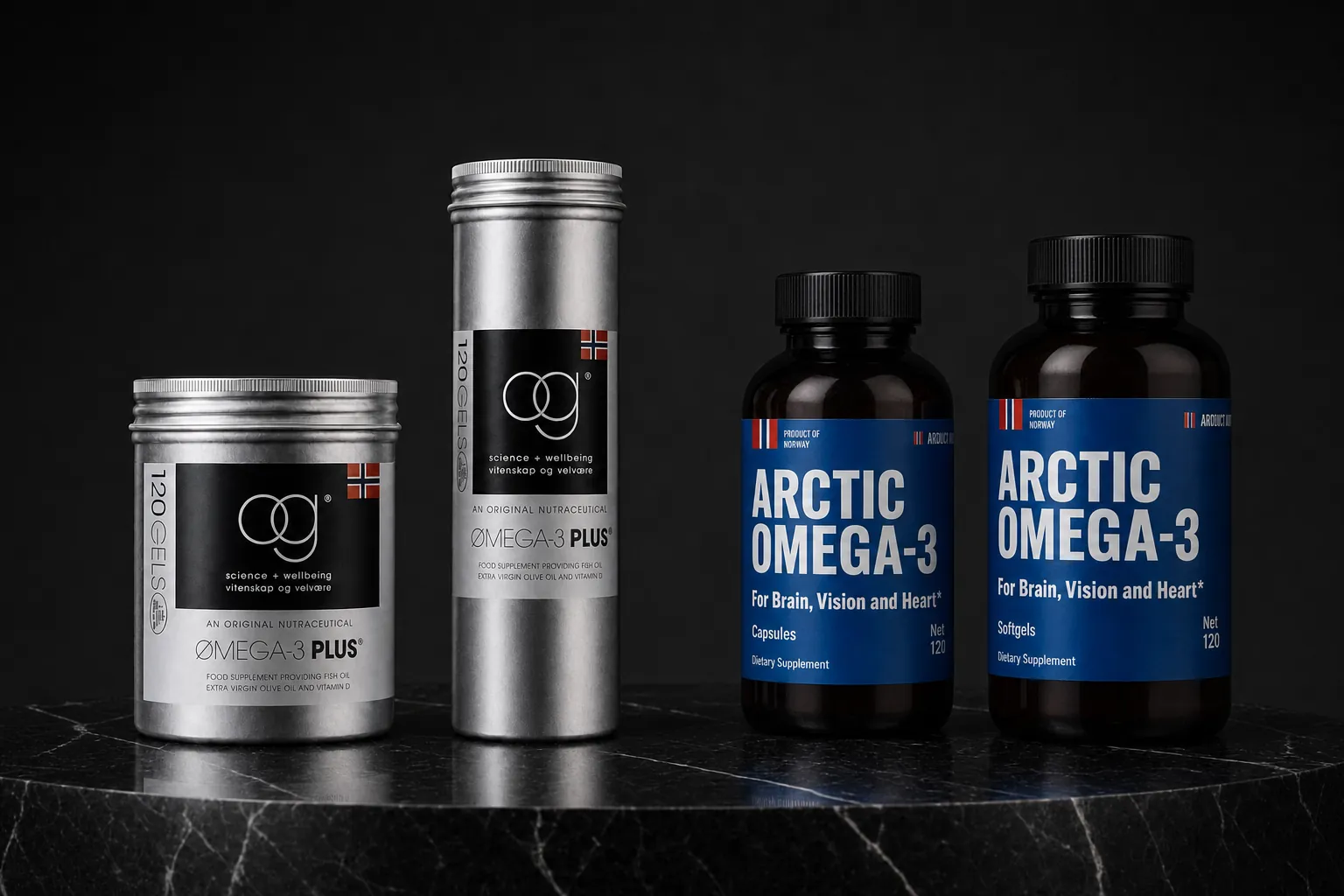 OG Omega-3 canisters and Arctic Omega-3 bottles on marble, two Norwegian brands available for distribution