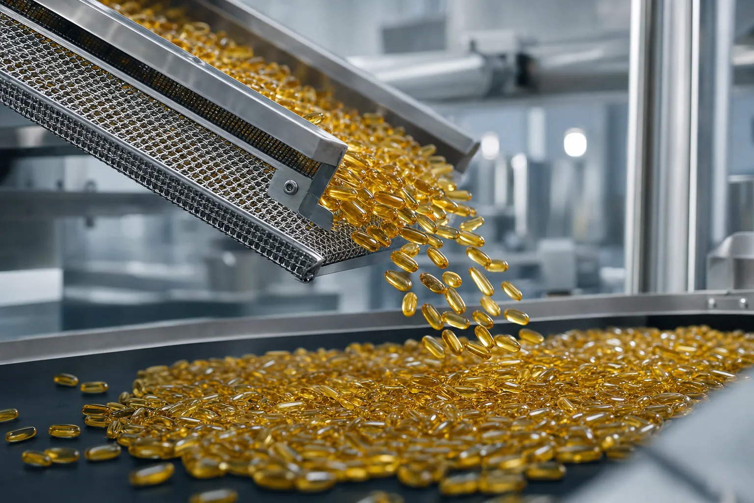 Amber omega-3 soft-gels cascading from industrial encapsulation line