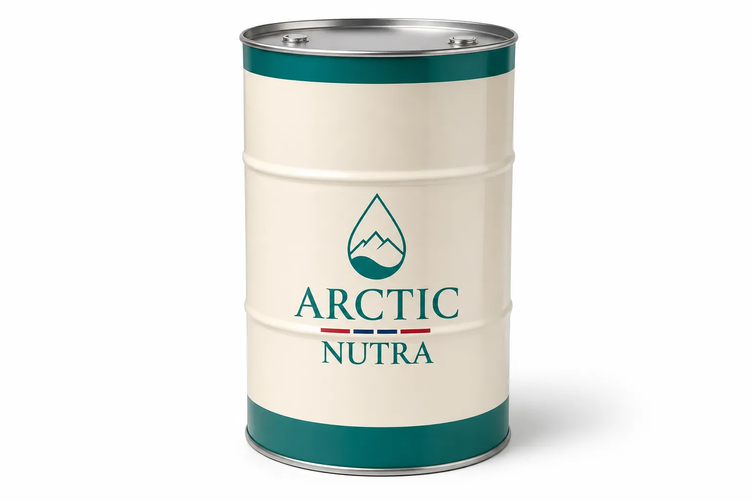 Arctic Nutra branded 200-litre industrial steel drum, white body with ocean-green bands, studio shot