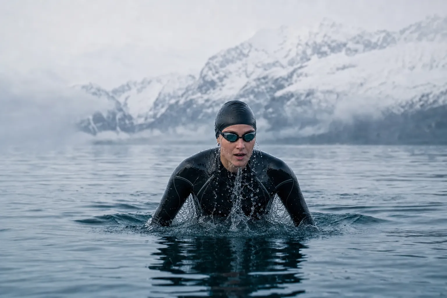 Female open-water swimmer surfacing from cold Arctic fjord water, snow mountains in the background