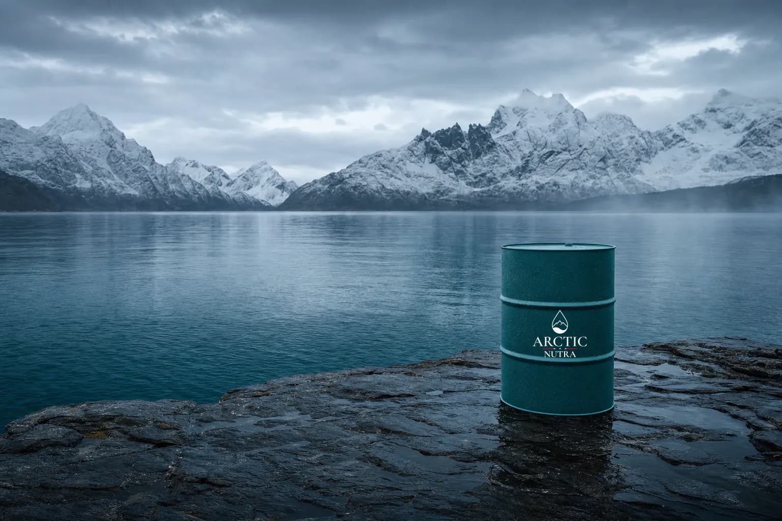 Arctic Nutra branded steel drum on a rocky outcrop overlooking a Norwegian fjord
