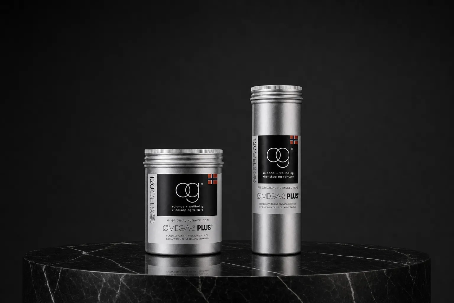 OG Omega-3 Plus canisters on marble