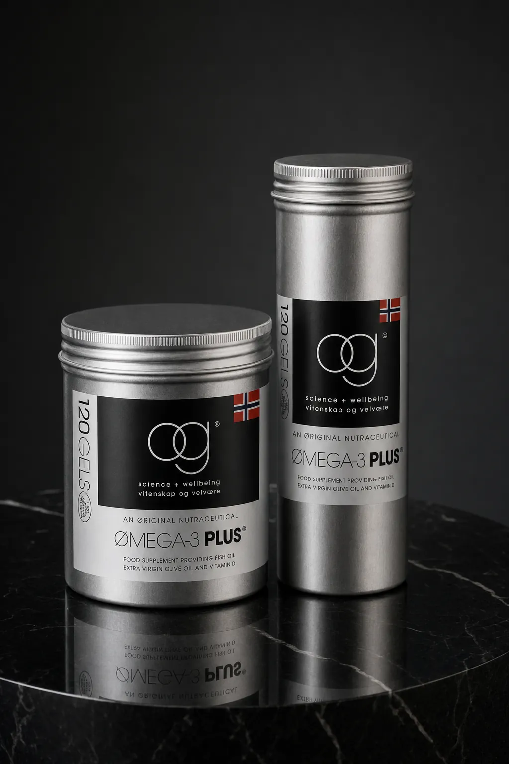 OG Omega-3 Plus, brushed-aluminum canister and liquid bottle