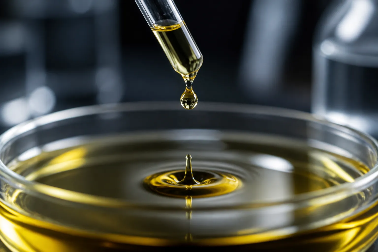 Amber marine oil being poured into a glass vessel, laboratory macro